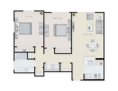 Floor plan for 2 beds, 1 bath, 859 sqft